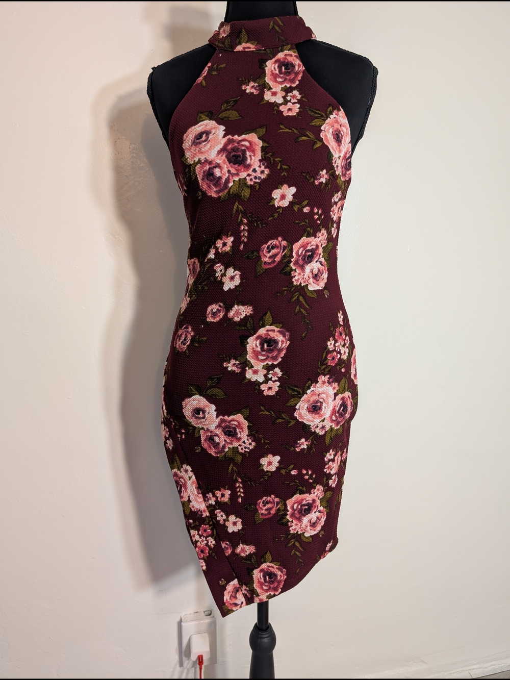 Bundle 3/$20 Floral Halter Sheath Dress in Burgundy